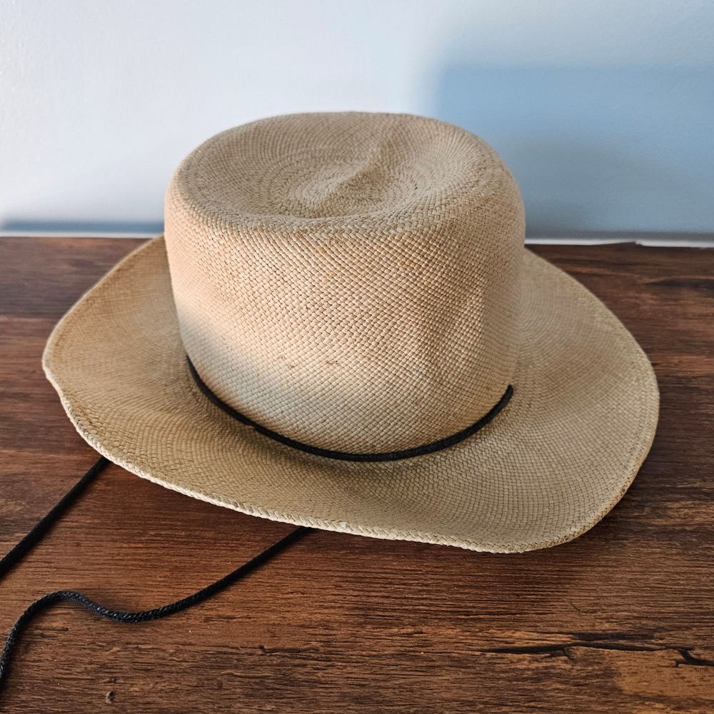 Vintage LL Bean Woven Straw Sun Hat Tan Wide Brim Flat Top Chin Strap Small